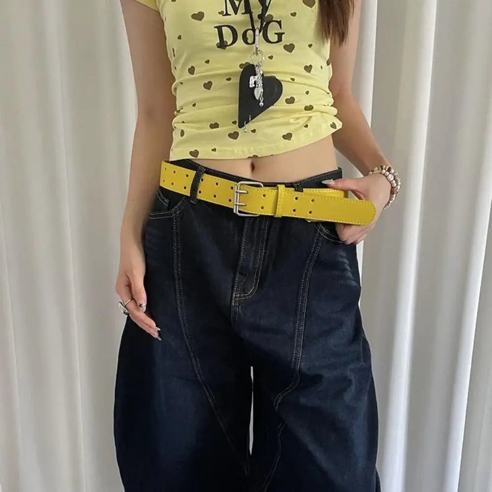 DRAVEN — Y2K Yellow Wide Belt Women Double Buckle Design