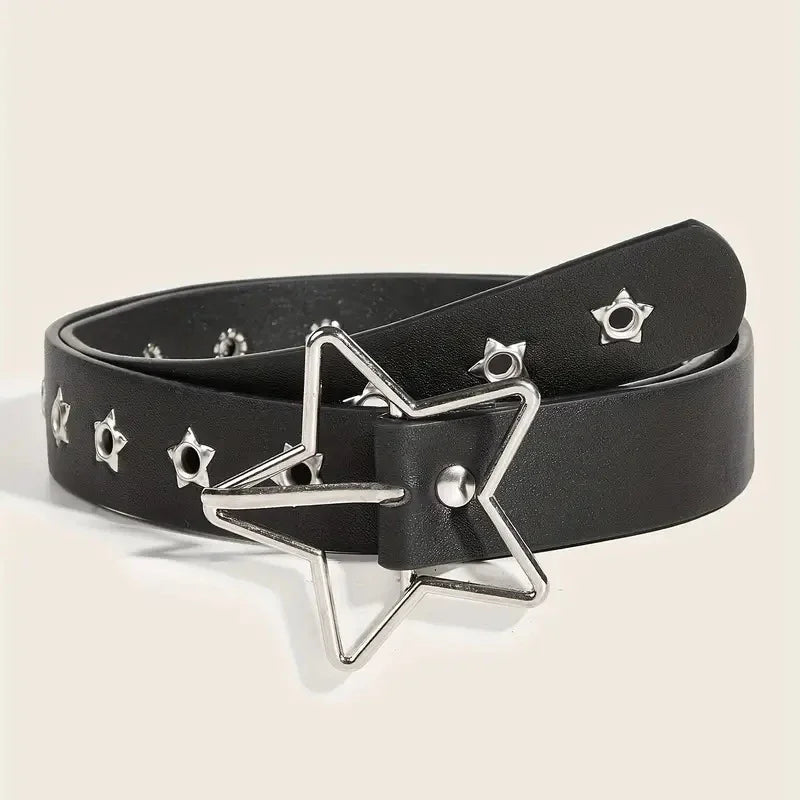 Y2K Punk Star Rivet Belt Unisex Black PU Leather – Elegant Men's Accessory | Accessorio Uomo Elegante