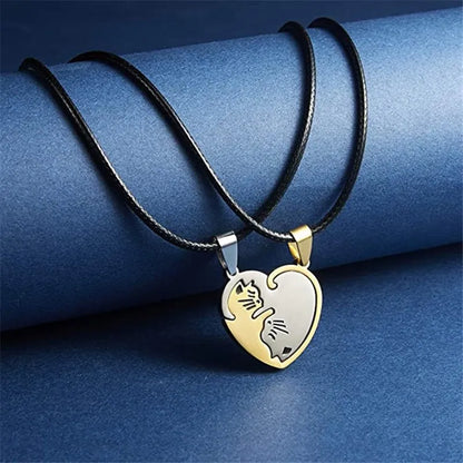 Cartoon Cat Heart Couple Necklace – Cute Black Animal Pendant Jewelry