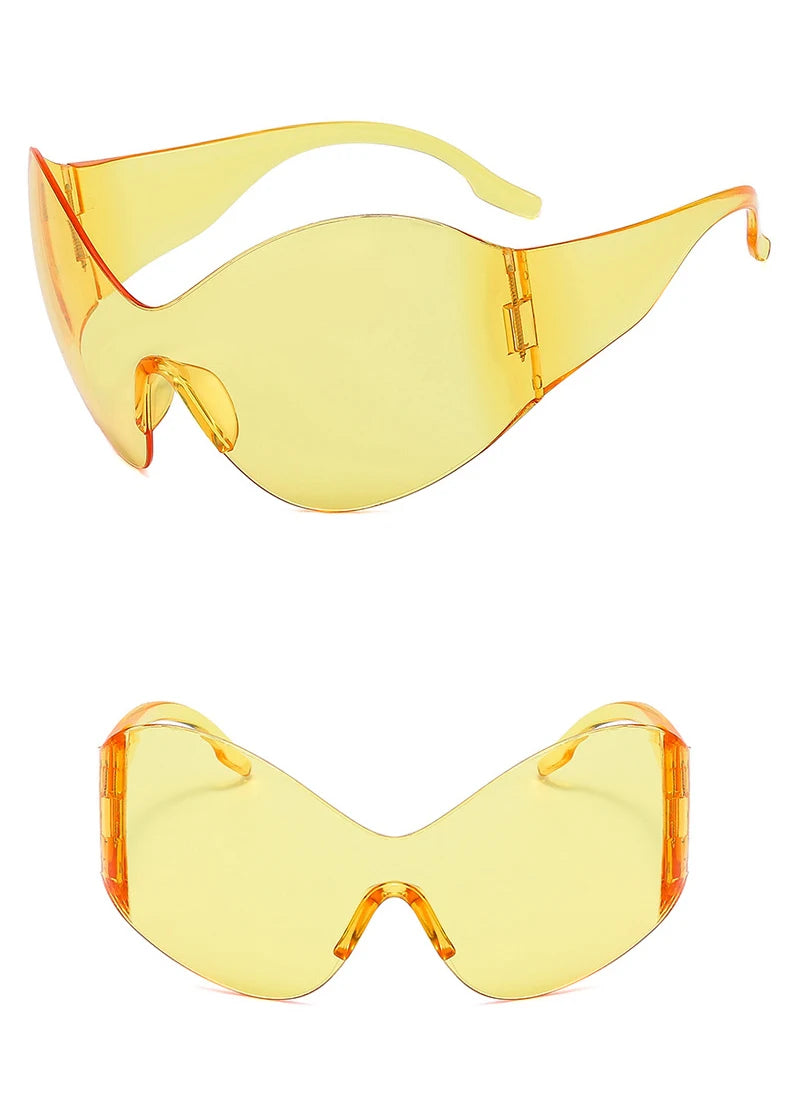 DRAVEN — Rimless Wrap Sunglasses – Futuristic Shield Style