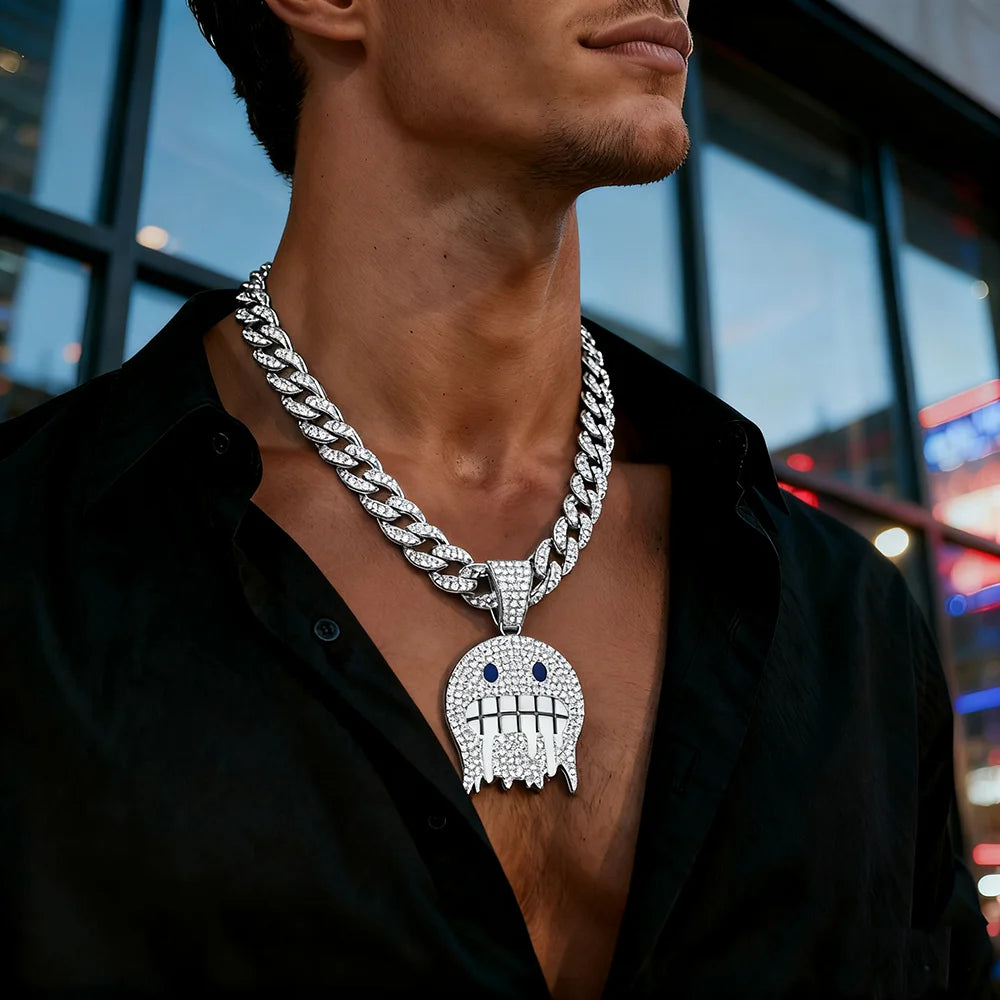 15mm Cuban Chain Necklace with Cold Face Pendant – High-Polish Finish – Elegant Men's Accessory | Accessorio Uomo Elegante