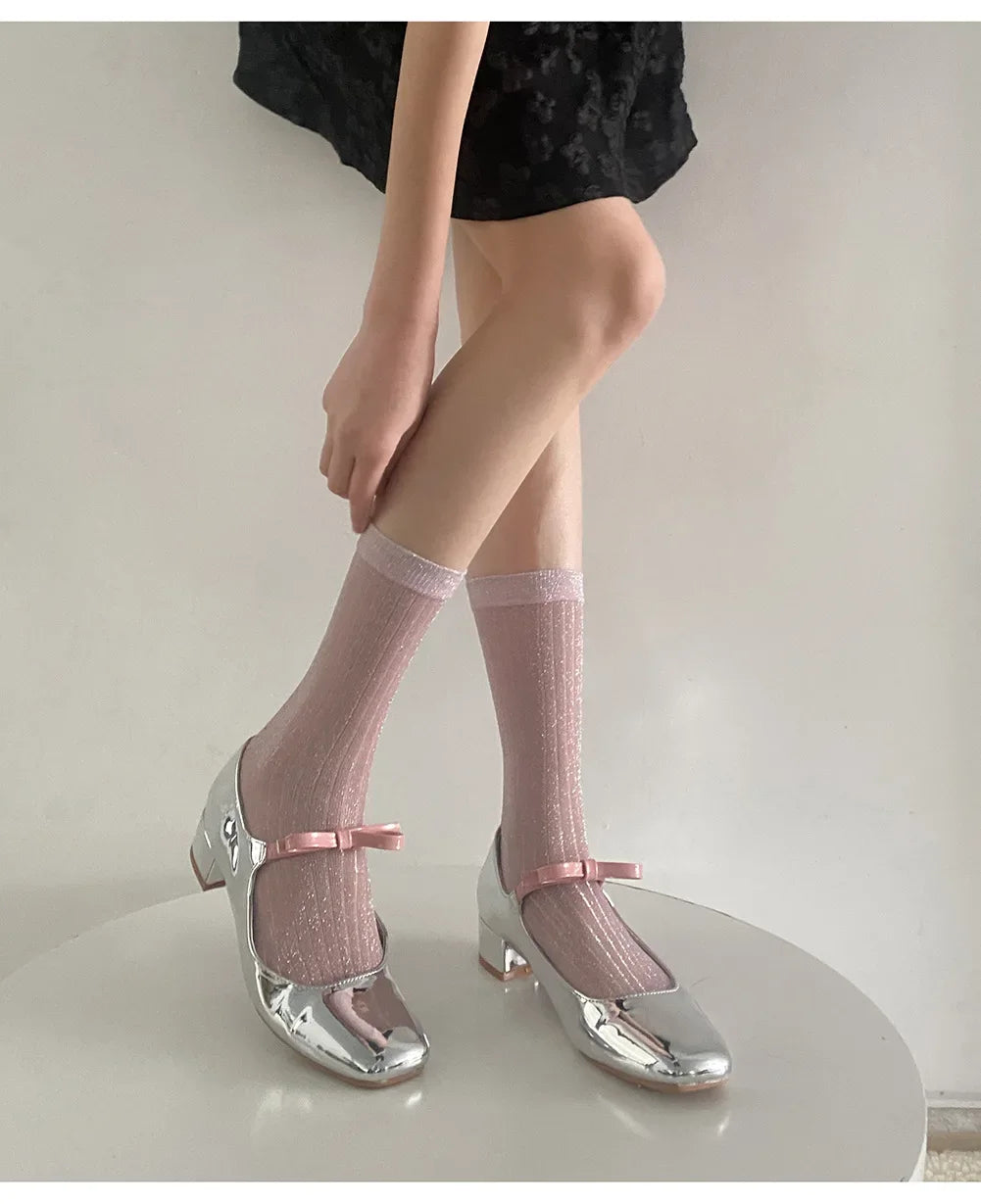 DRAVEN — Silver Silk Crew Socks – Women’s Korean Street Style