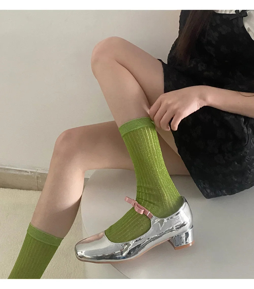 DRAVEN — Silver Silk Crew Socks – Women’s Korean Street Style