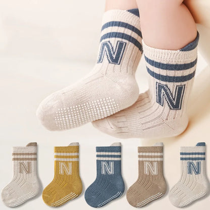 3 Pairs Kids Non-Slip Socks – Soft Cotton Letter Design