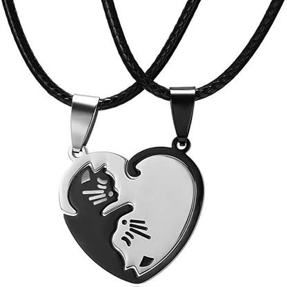 Cartoon Cat Heart Couple Necklace – Cute Black Animal Pendant Jewelry