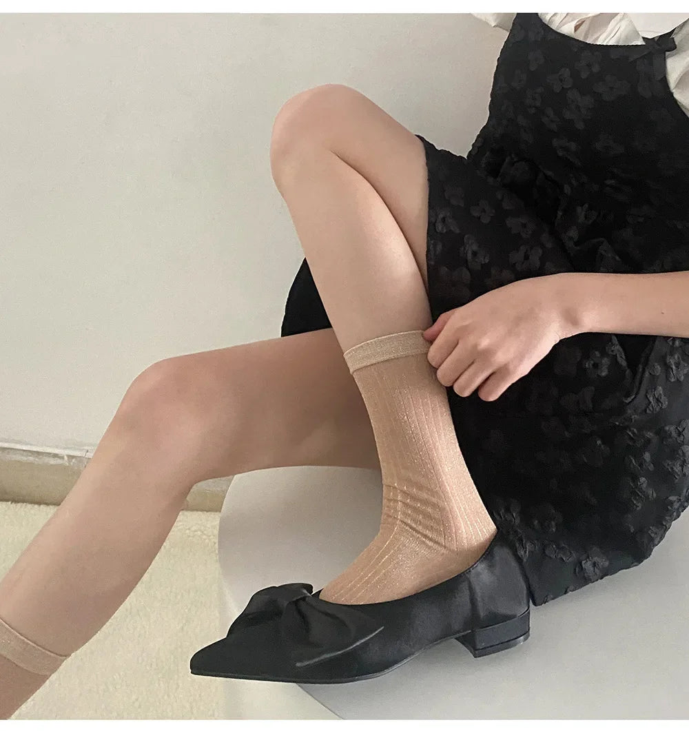 DRAVEN — Silver Silk Crew Socks – Women’s Korean Street Style