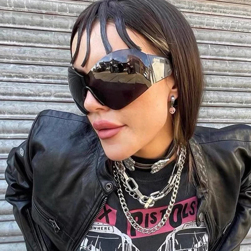 DRAVEN — Rimless Wrap Sunglasses – Futuristic Shield Style