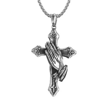 Men’s Retro Prayer Hand Necklace – Stainless Steel Cross Pendant Jewelry – Elegant Men's Accessory | Accessorio Uomo Elegante