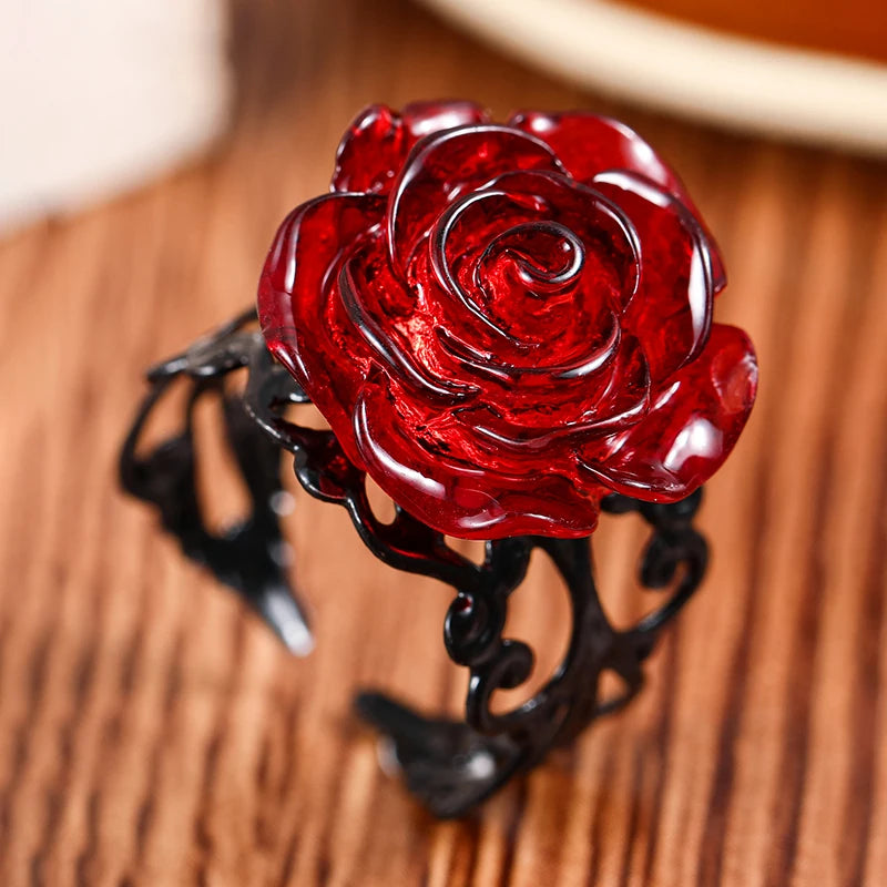 DRAVEN — Gothic Red Rose Adjustable Ring