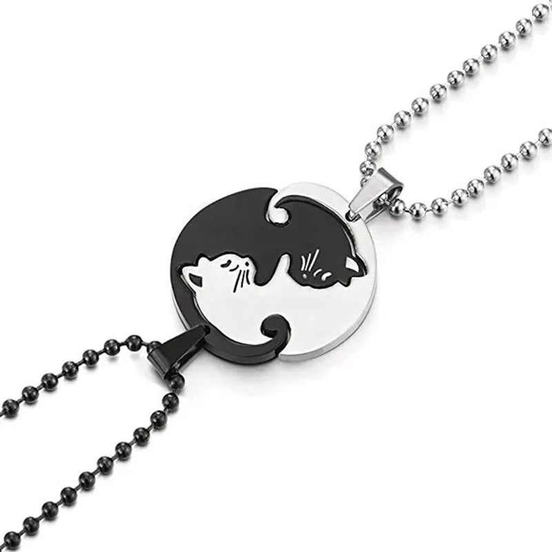 DRAVEN — Cartoon Cat Heart Couple Necklace – Cute Black Animal Pendant Jewelry