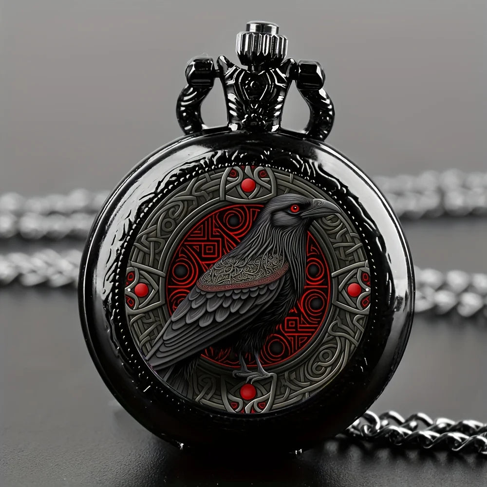 Dark Wing – Gothic Raven Pocket Watch with Necklace Chain – Elegant Men's Accessory | Accessorio Uomo Elegante
