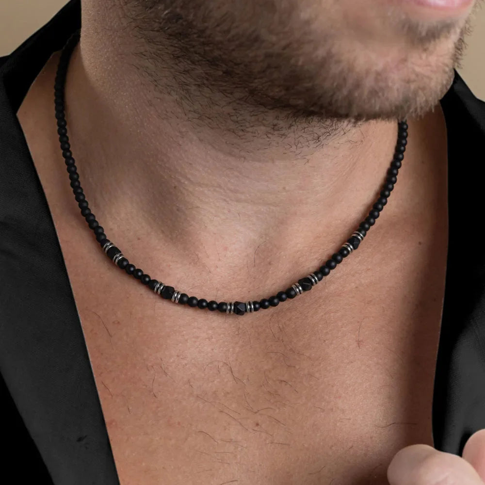 Black Agate Beaded Necklace – Punk Stainless Steel Jewelry for Men – Elegant Men's Accessory | Accessorio Uomo Elegante
