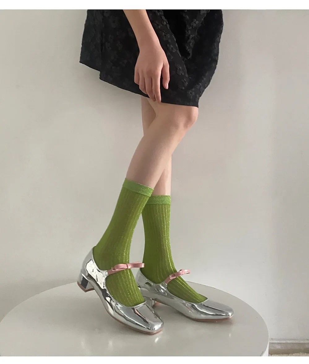 DRAVEN — Silver Silk Crew Socks – Women’s Korean Street Style