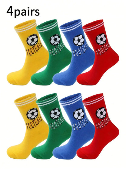 4 Pairs Kids Football Socks – Sporty Letter Stripe Design
