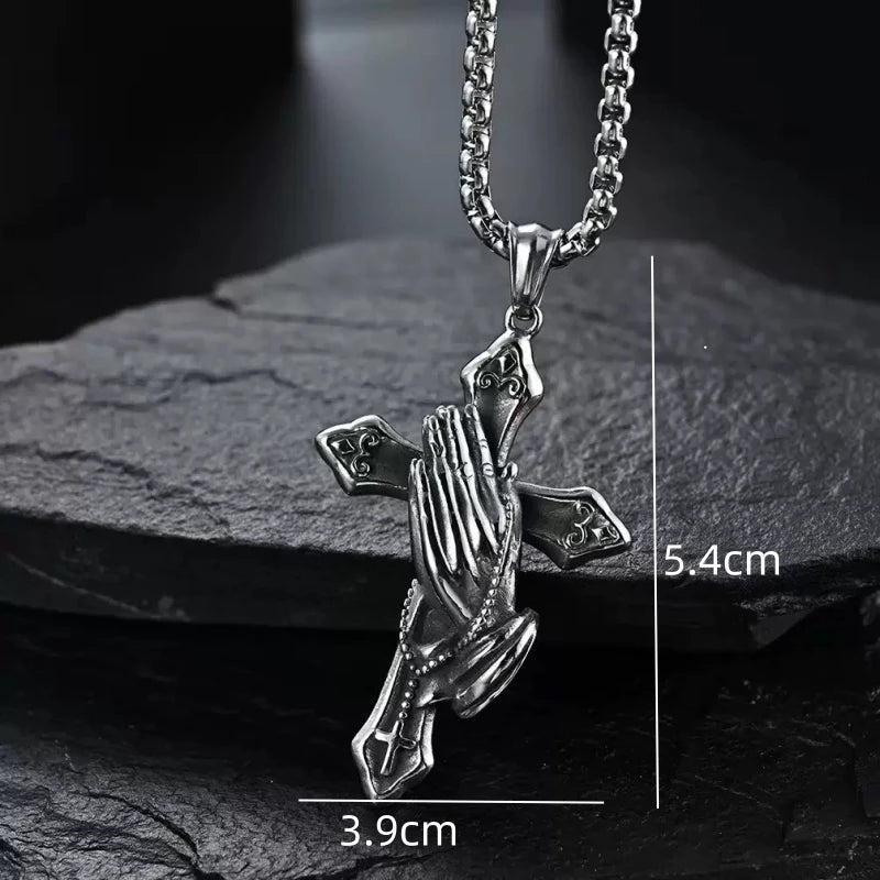 Men’s Retro Prayer Hand Necklace – Stainless Steel Cross Pendant Jewelry – Elegant Men's Accessory | Accessorio Uomo Elegante
