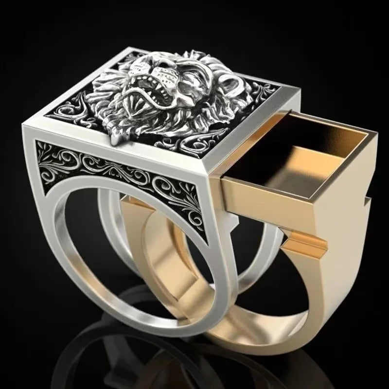 Retro Lion Head Secret Box Ring – Elegant Men's Accessory | Accessorio Uomo Elegante