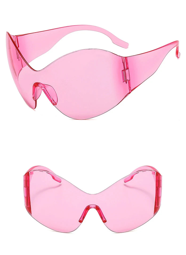 DRAVEN — Rimless Wrap Sunglasses – Futuristic Shield Style