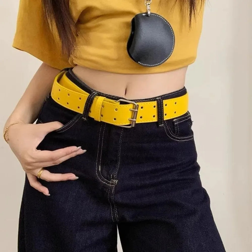 DRAVEN — Y2K Yellow Wide Belt Women Double Buckle Design