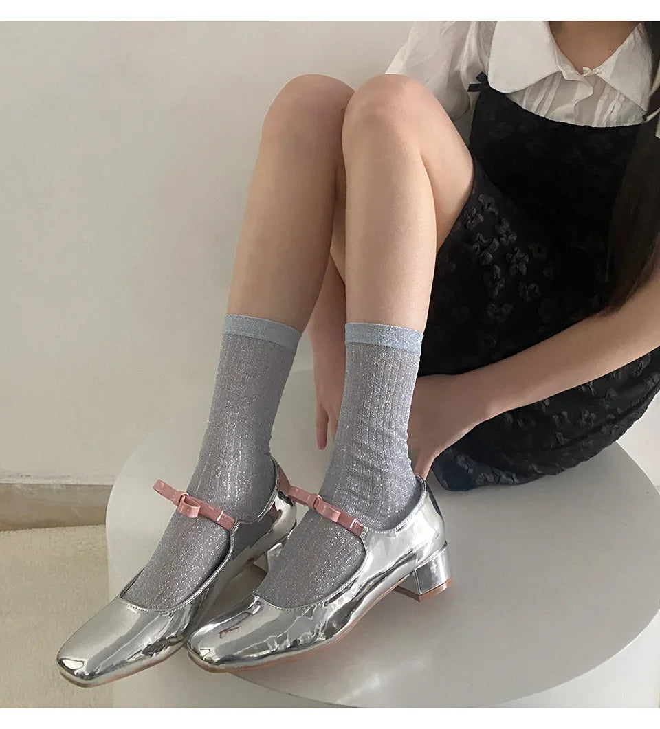 DRAVEN — Silver Silk Crew Socks – Women’s Korean Street Style