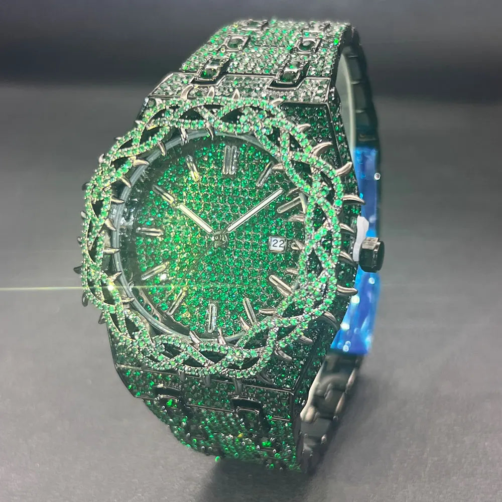 Emerald Bloom – Men’s Green Diamond Watch with Zircon Flower Case – Elegant Men's Accessory | Accessorio Uomo Elegante