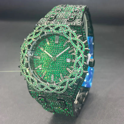 Emerald Bloom – Men’s Green Diamond Watch with Zircon Flower Case – Elegant Men's Accessory | Accessorio Uomo Elegante
