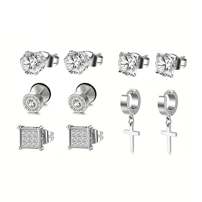 Stainless Steel Cross & Zircon Earring Set – Elegant Men's Accessory | Accessorio Uomo Elegante