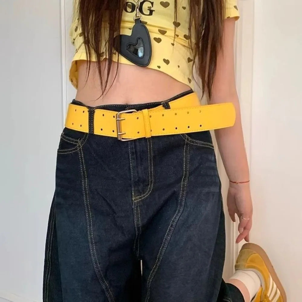 DRAVEN — Y2K Yellow Wide Belt Women Double Buckle Design