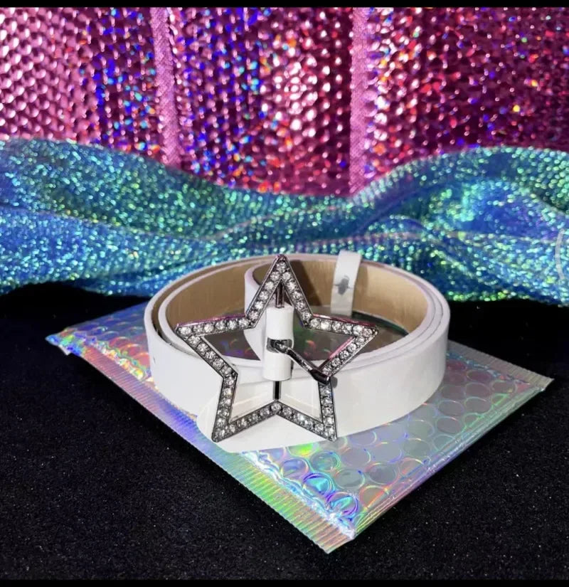 DRAVEN — Y2K Star Buckle Belt Pink Rhinestone Elastic Design