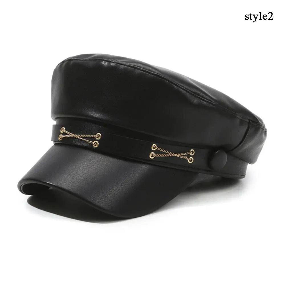 DRAVEN — Black Leather Newsboy Cap – Unisex Biker Sailor Style