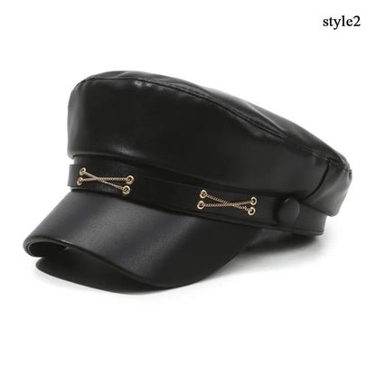 Black Leather Newsboy Cap – Unisex Biker Sailor Style
