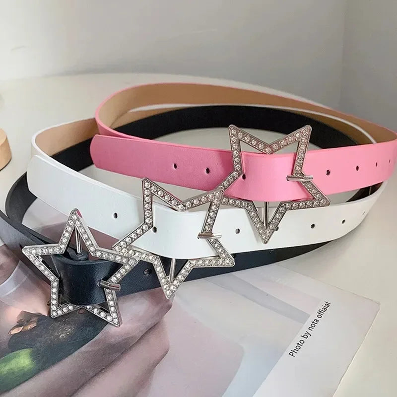 Y2K Star Buckle Belt Pink Rhinestone Elastic Design – Elegant Men's Accessory | Accessorio Uomo Elegante