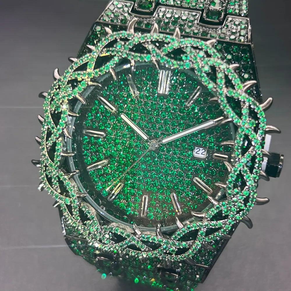 Emerald Bloom – Men’s Green Diamond Watch with Zircon Flower Case – Elegant Men's Accessory | Accessorio Uomo Elegante