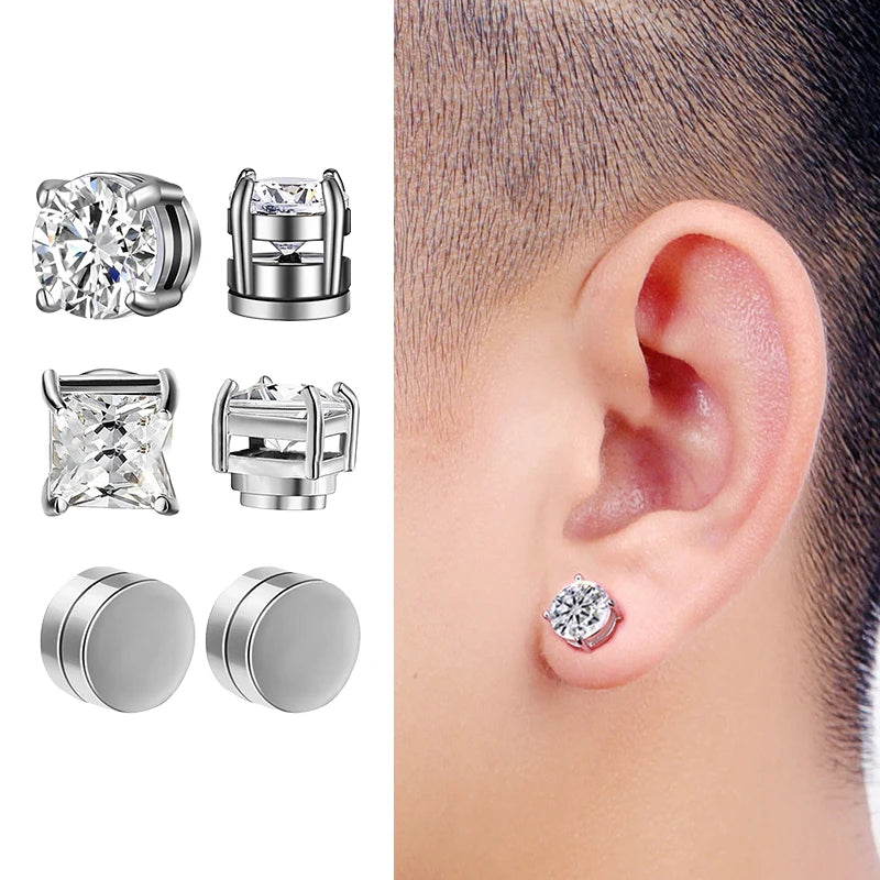 Punk Round Zircon Magnetic Earring Set – Elegant Men's Accessory | Accessorio Uomo Elegante