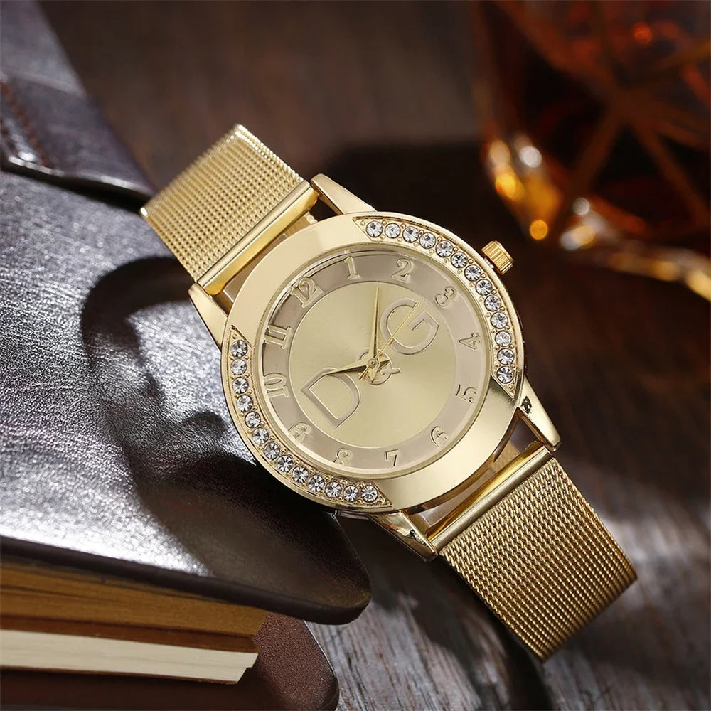 DRAVEN — Golden Radiance – 2025 Women’s Diamond Watch with Mesh Strap & Digital Design