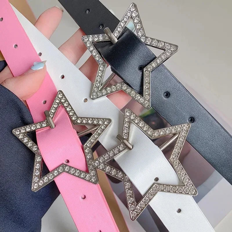 DRAVEN — Y2K Star Buckle Belt Pink Rhinestone Elastic Design