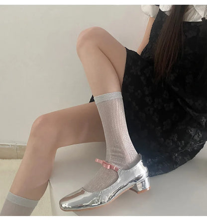 Silver Silk Long Socks – Women’s Korean Street Style