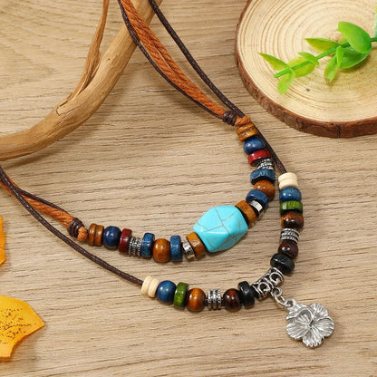 Layered Leather Rope Necklace – Vintage Wood Pendant Jewelry for Men – Elegant Men's Accessory | Accessorio Uomo Elegante