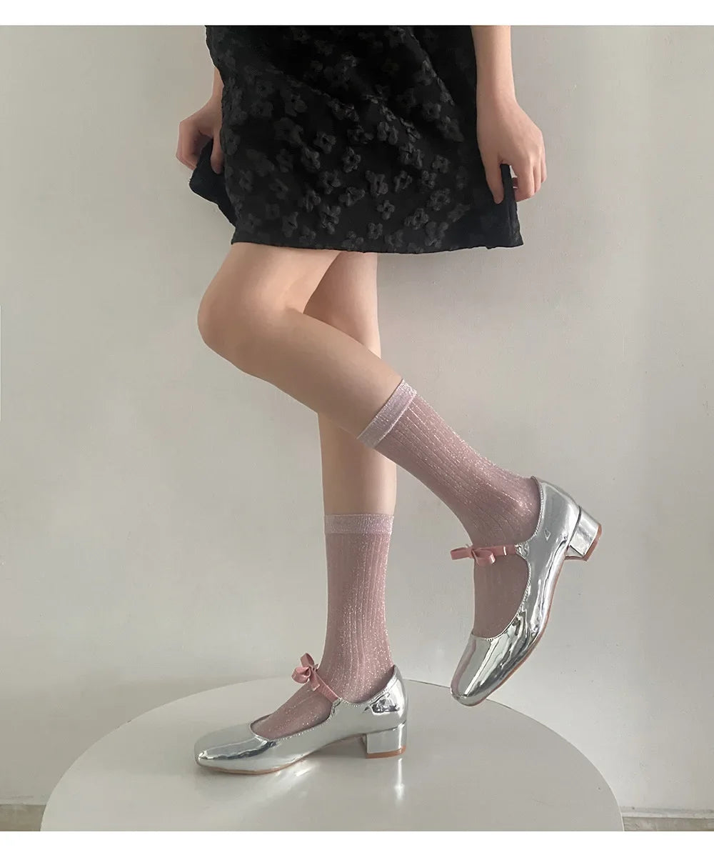 DRAVEN — Silver Silk Long Socks – Women’s Korean Street Style