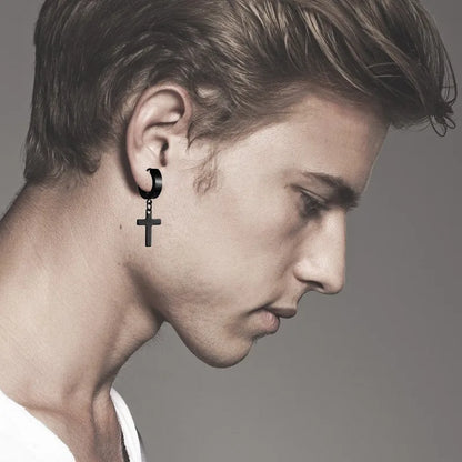 Stainless Steel Cross & Zircon Earring Set – Elegant Men's Accessory | Accessorio Uomo Elegante