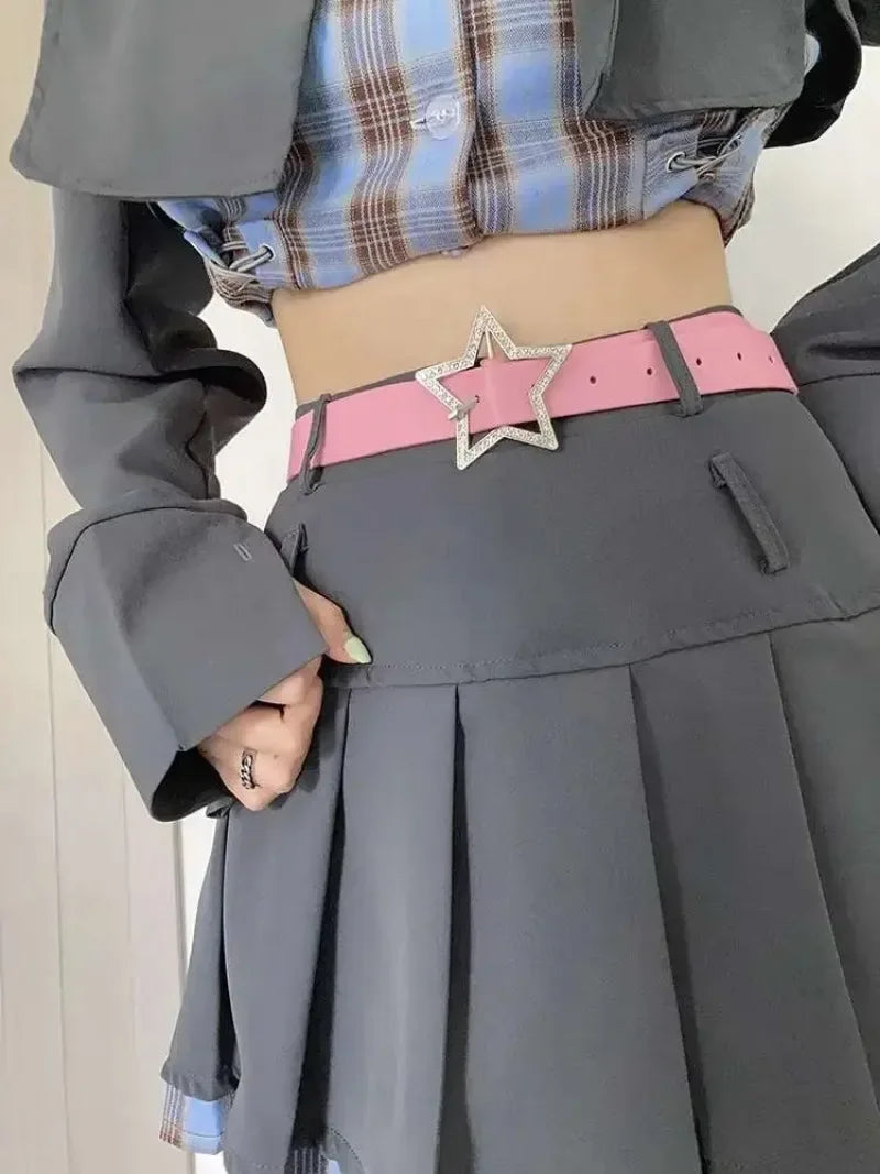 DRAVEN — Y2K Star Buckle Belt Pink Rhinestone Elastic Design